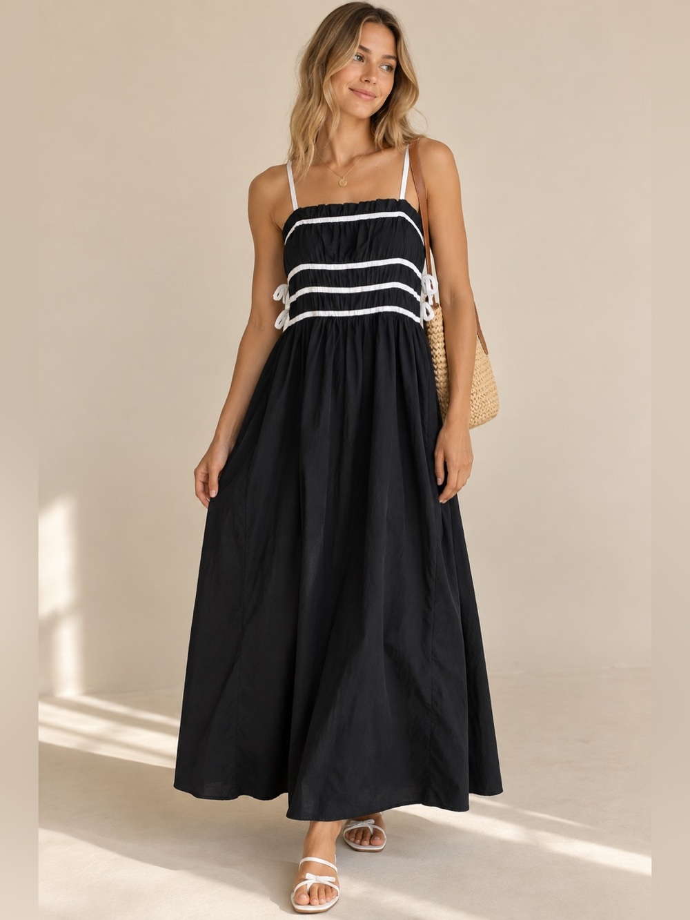 Hesperus Black White Maxi Dress S Coquette Bow Tie Romantic